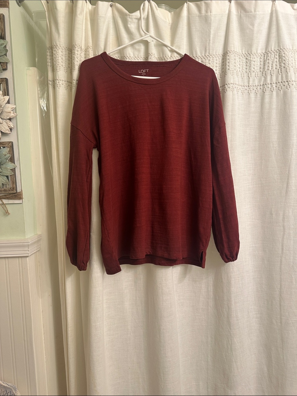 LOFT Women's Burgundy Crewneck Long-Sleeve Top